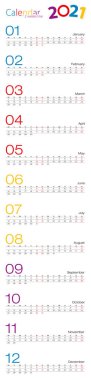 Yıl 2021 Takvim, farklı tasarım için iki haftalık sıra. Vektör takvimi.