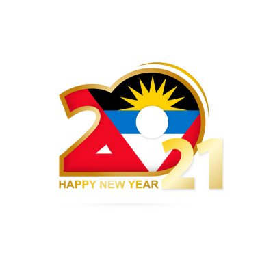 Antigua ve Barbuda bayrağı desenli 2021 yılı. Mutlu yıllar tasarımı. Vektör İllüstrasyonu.