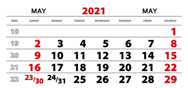 Mauerkalender 2021 Für Mai Wochenstart Sonntag Blockgröße 297X140 — Stockvektor