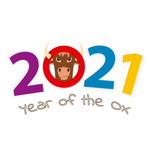 2021 Año Del Buey Número 2021 Con Cabeza Buey Ilustración — Vector de stock