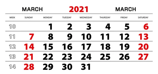 Calendário Parede 2021 Para Março Início Semana Partir Domingo Tamanho —  Vetores de Stock