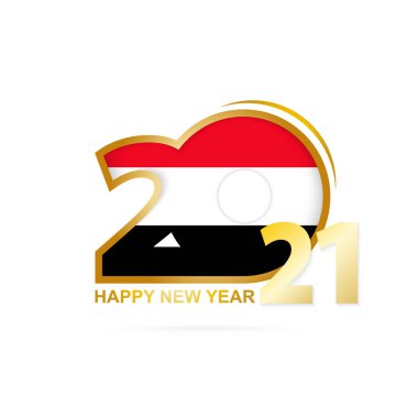 Yemen bayrağı desenli 2021 yılı. Mutlu yıllar tasarımı. Vektör İllüstrasyonu.