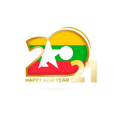 Myanmar Bayrağı desenli 2021 yılı. Mutlu yıllar tasarımı. Vektör İllüstrasyonu.