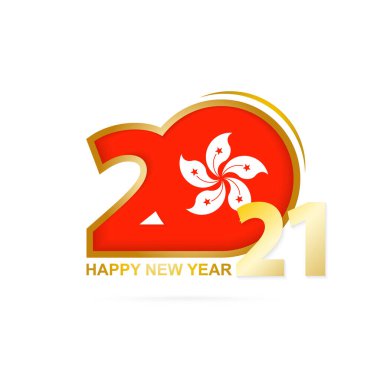Yıl 2021, Hong Kong bayrağı desenli. Mutlu yıllar tasarımı. Vektör İllüstrasyonu.