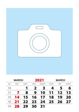 Mart 2021 takvim planlayıcısı, fotoğrafınız için A3 boyutunda. Vektör planlayıcı.