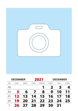 Aralık 2021 takvim planlayıcısı fotoğrafınız için A3 ölçüsünde. Vektör planlayıcı.
