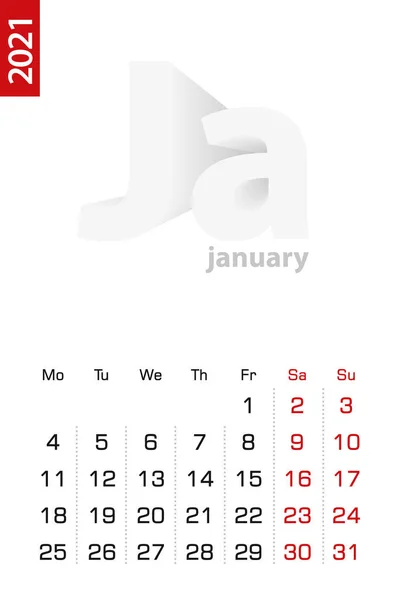 Minimalist Calendar Template January 2021 Vector Calendar English Vector Calendar — Stock Vector
