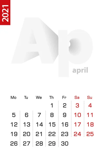 Минималистский Календарь Апрель 2021 Года Векторный Календарь Английском Языке Векторный — стоковый вектор