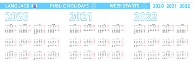 2020, 2021 ve 2022 yılları için İbranice basit takvim şablonu. Hafta pazartesiden itibaren başlıyor. Vektör illüstrasyonu.