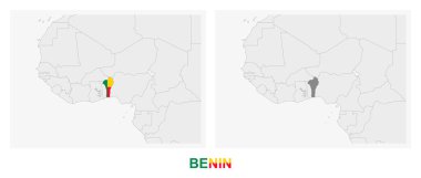Benin 'in bayrağı ve koyu gri ile işaretlenmiş Benin haritasının iki versiyonu. Vektör haritası.