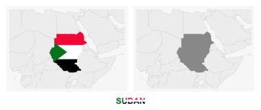 Sudan haritasının iki versiyonu, Sudan bayrağı ve koyu gri ile işaretlenmiş. Vektör haritası.