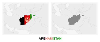 Afganistan haritasının iki versiyonu, Afganistan bayrağı ve koyu gri ile işaretlenmiş. Vektör haritası.