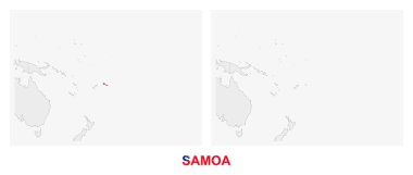 Samoa haritasının iki versiyonu, Samoa bayrağı ve koyu gri ile işaretlenmiş. Vektör haritası.