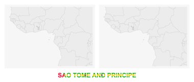Sao Tome ve Principe 'nin iki versiyonu, Sao Tome ve Principe bayrağı ve koyu gri ile işaretlenmiş. Vektör haritası.