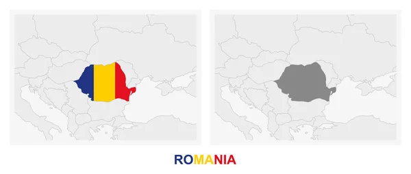 Dos Versiones Del Mapa Rumania Con Bandera Rumania Resaltado Gris — Archivo Imágenes Vectoriales