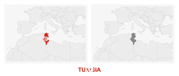 Zwei Versionen Der Landkarte Tunesiens Mit Der Flagge Tunesiens Und — Stockvektor