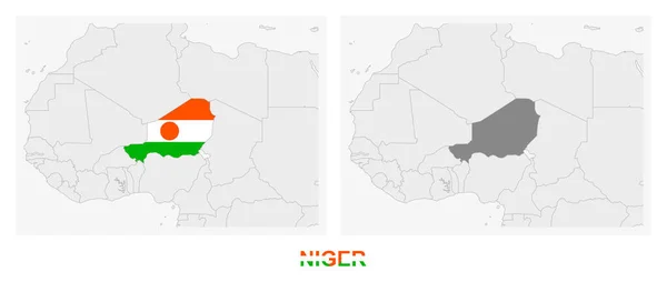 Deux Versions Carte Niger Avec Drapeau Niger Surligné Gris Foncé — Image vectorielle