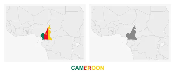 Två Versioner Kartan Över Kamerun Med Kameruns Flagga Och Markerad — Stock vektor