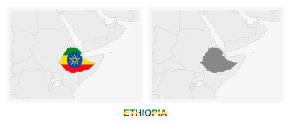 Duas Versões Mapa Etiópia Com Bandeira Etiópia Destacada Cinza Escuro — Vetor de Stock