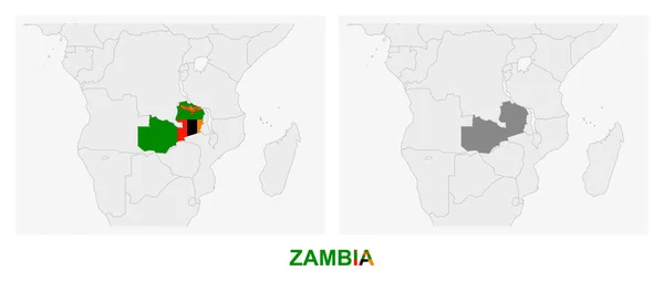 Twee Versies Van Kaart Van Zambia Met Vlag Van Zambia — Stockvector