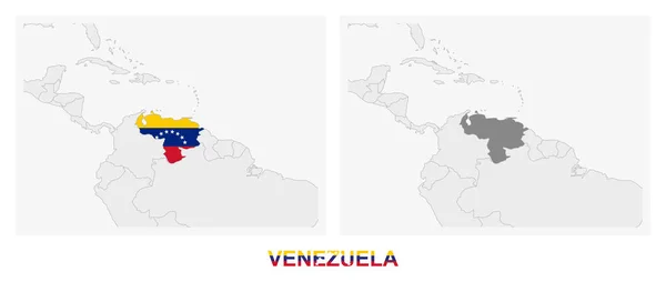 Dvě Verze Mapy Venezuely Vlajkou Venezuely Zvýrazněnou Tmavě Šedou Barvou — Stockový vektor