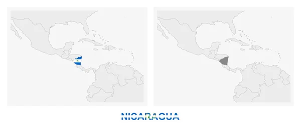 Zwei Versionen Der Landkarte Nicaraguas Mit Der Flagge Nicaraguas Und — Stockvektor