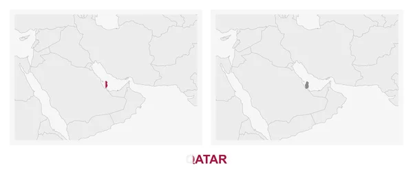 Zwei Versionen Der Landkarte Von Katar Mit Der Flagge Von — Stockvektor