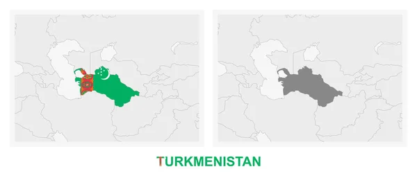 Deux Versions Carte Turkménistan Avec Drapeau Turkménistan Surligné Gris Foncé — Image vectorielle