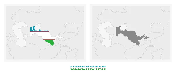 Zwei Versionen Der Karte Usbekistans Mit Der Flagge Usbekistans Und — Stockvektor