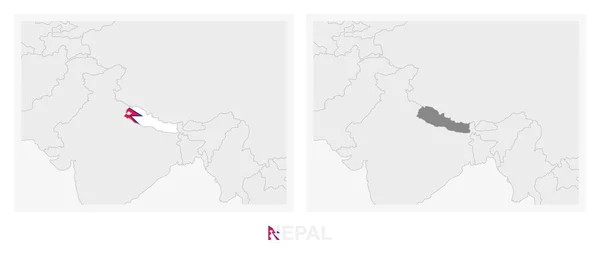 Zwei Versionen Der Nepalkarte Mit Der Flagge Nepals Und Dunkelgrau — Stockvektor