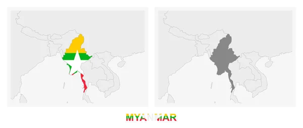 Zwei Versionen Der Karte Von Myanmar Mit Der Flagge Von — Stockvektor