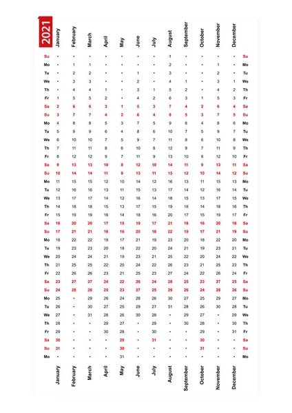 Een Rij Verticale Kalender 2021 Zondag Eerste Dag Van Week — Stockvector