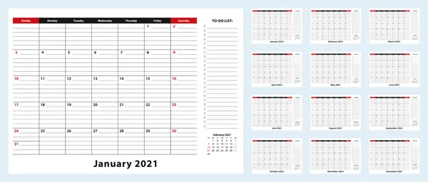 Calendario Mensual Almohadillas Escritorio Vectorial Enero 2021 Diciembre 2021 Planificador — Vector de stock