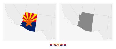 Two versions of the map of US State Arizona, with the flag of Arizona and highlighted in dark grey. Vector map. clipart