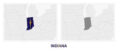 Indiana eyaletinin Indiana eyaletinin iki farklı versiyonu, Indiana bayrağı ve koyu gri ile işaretlenmiş. Vektör haritası.