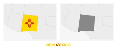 New Mexico 'nun New Mexico eyaletinin iki versiyonu, New Mexico bayrağı ve koyu gri ile işaretlenmiş. Vektör haritası.