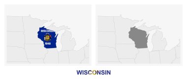 Wisconsin bayrağıyla birlikte Wisconsin eyaletinin haritasının iki versiyonu koyu gri ile işaretlenmiş. Vektör haritası.