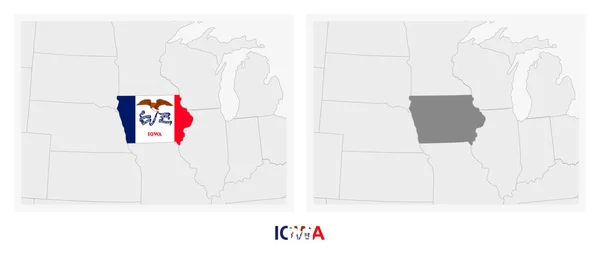 Dos Versiones Del Mapa Del Estado Iowa Con Bandera Iowa — Vector de stock