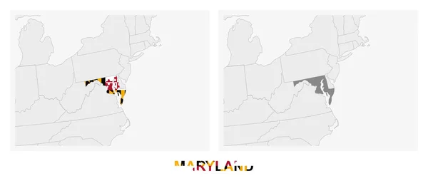 Дві Версії Мапи Штату Меріленд Прапором Штату Меріленд Виділені Темно — стоковий вектор