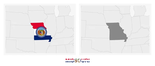 Duas Versões Mapa Estado Americano Missouri Com Bandeira Missouri Destacada — Vetor de Stock