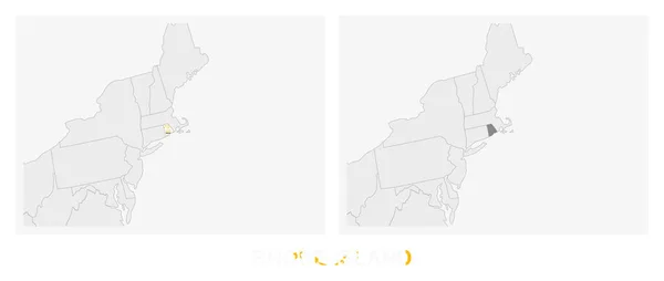 Дві Версії Мапи Штату Род Айленд Прапором Род Айленду Виділені — стоковий вектор