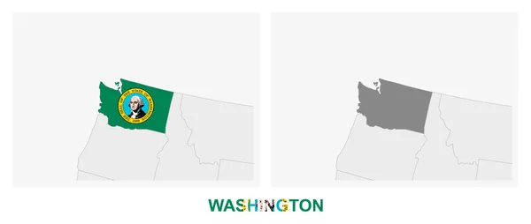 Dvě Verze Mapy Amerického Státu Washington Vlajkou Washingtonu Zvýrazněné Tmavě — Stockový vektor