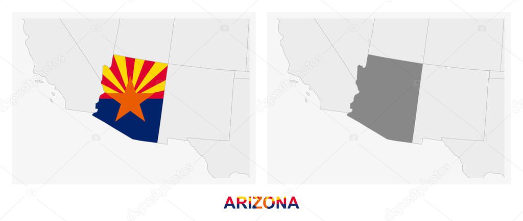 Two versions of the map of US State Arizona, with the flag of Arizona and highlighted in dark grey. Vector map.