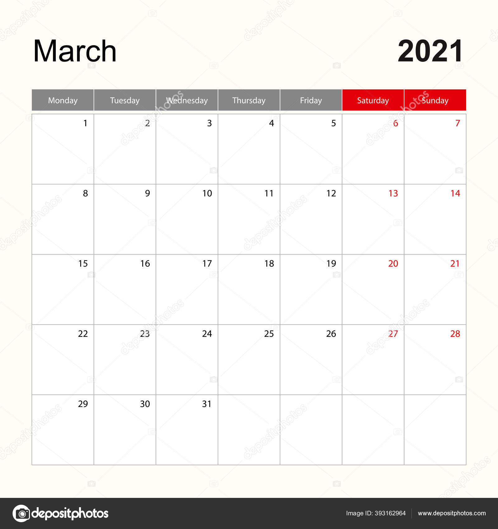 Wall Calendar Template March 2021 Holiday Event Planner Week Starts Stock Vector C Boldg 393162964 calendrier ferias 2021