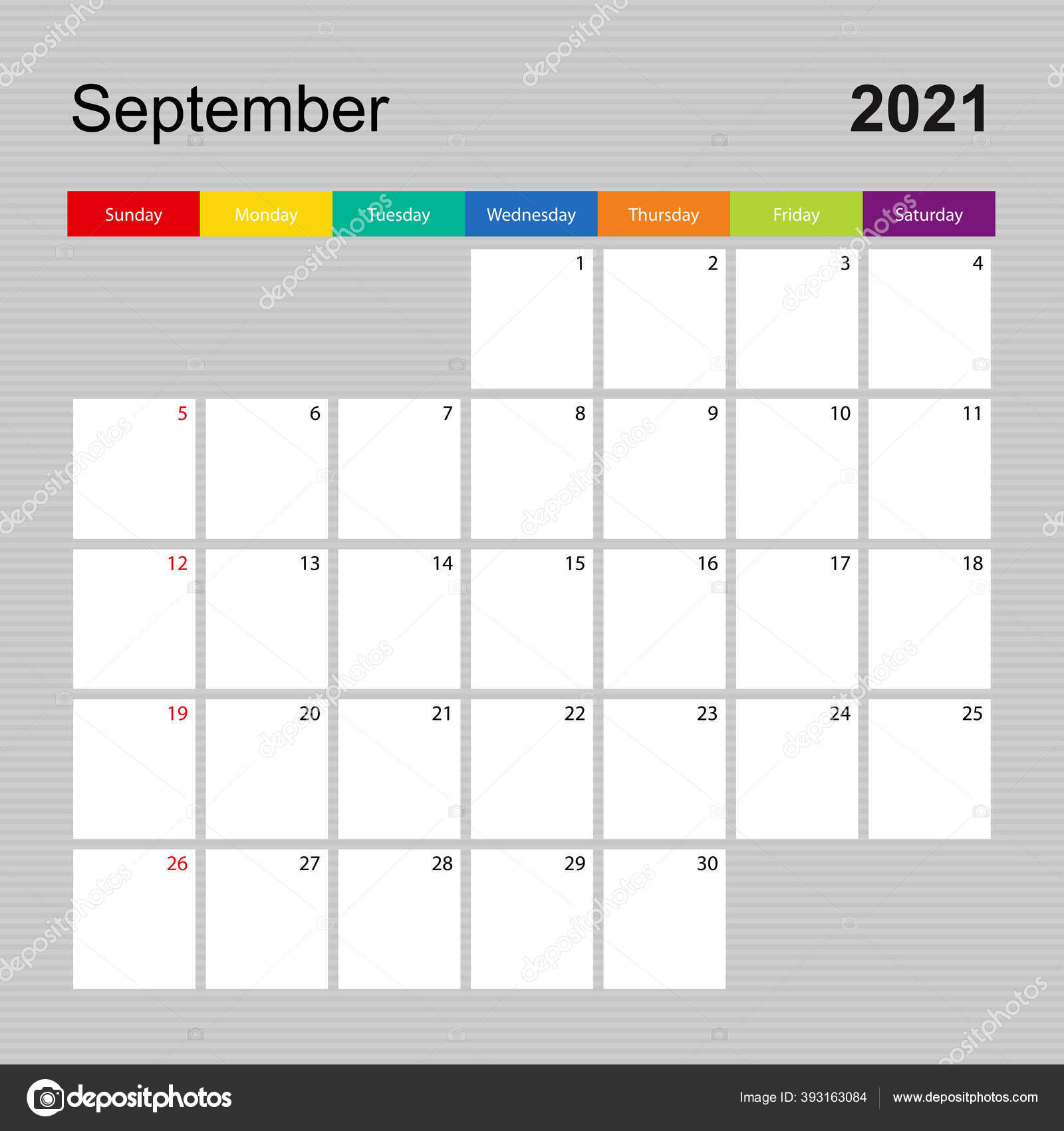 Calendar Page September 2021 Wall Planner Colorful Design Week Starts Stock Vector Image By C Boldg 393163084