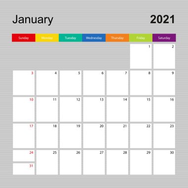 Ocak 2021 için takvim sayfası, renkli tasarımlı duvar planlayıcısı. Hafta pazar günü başlıyor. Vektör takvim şablonu.