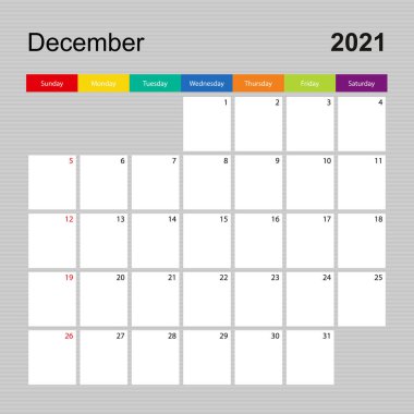 Aralık 2021 takvim sayfası, renkli tasarımlı duvar planlayıcısı. Hafta pazar günü başlıyor. Vektör takvim şablonu.