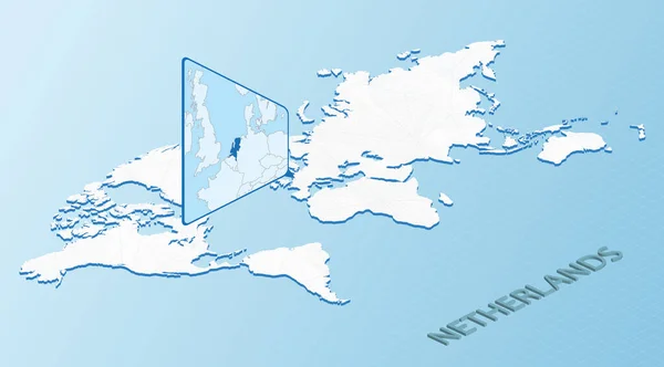 Wereldkaart Isometrische Stijl Met Gedetailleerde Kaart Van Nederland Lichtblauw Nederland — Stockvector