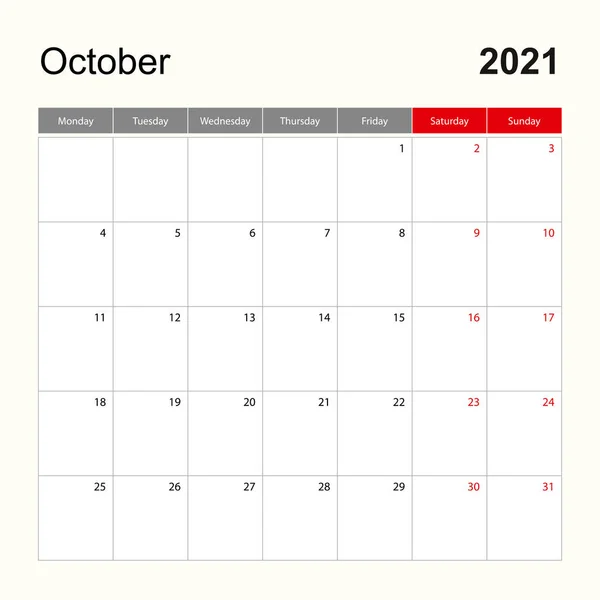 Modèle Calendrier Mural Pour Octobre 2021 Planificateur Vacances Événements Semaine — Image vectorielle