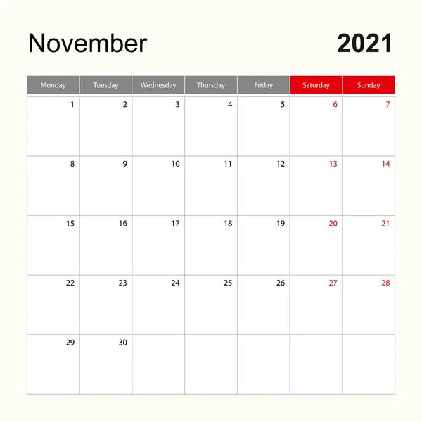 Plantilla Calendario Pared Para Noviembre 2021 Planificador Vacaciones Eventos Semana — Archivo Imágenes Vectoriales